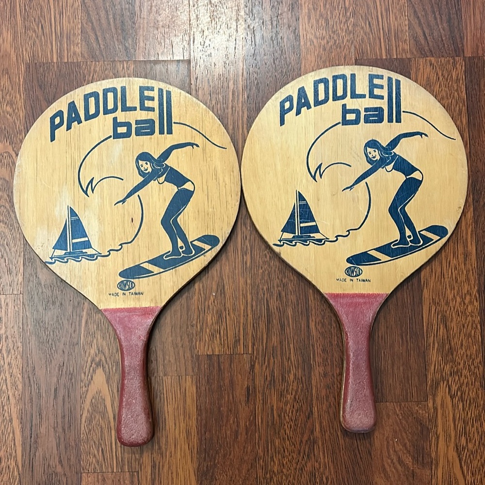 Vintage Howsco Paddle Ball Wooden Beach Paddles (2) Made in Taiwan
